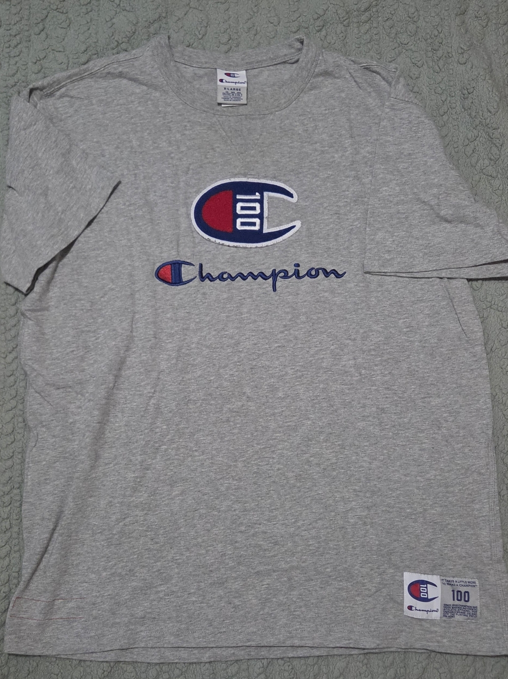 Champion Gray Short Sleeve Tee with Red & Blue Logo